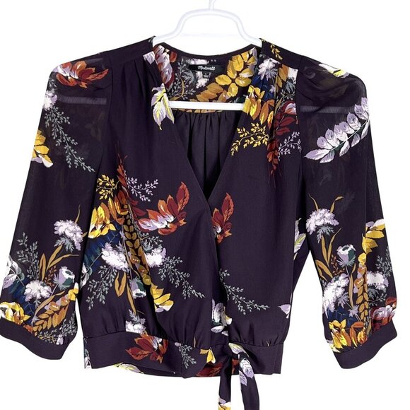 Madewell Womens S Wrap Style Blouse Burgundy Gold 3/4 Sleeve Bloomcore 70s Top - Picture 4 of 16